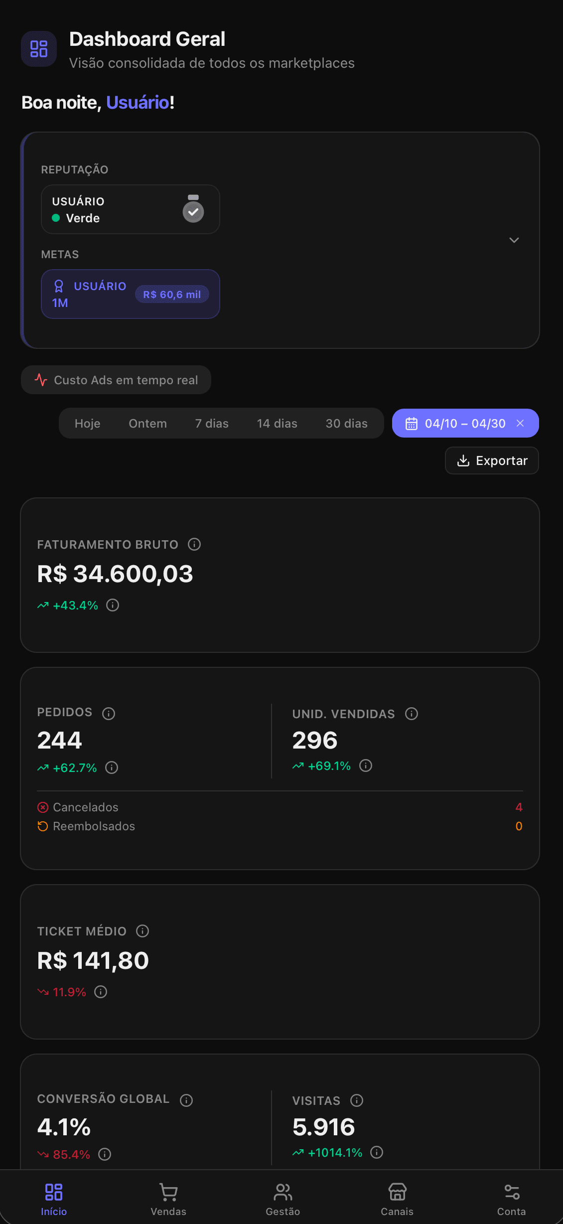 OrbMetrics no celular — tema escuro